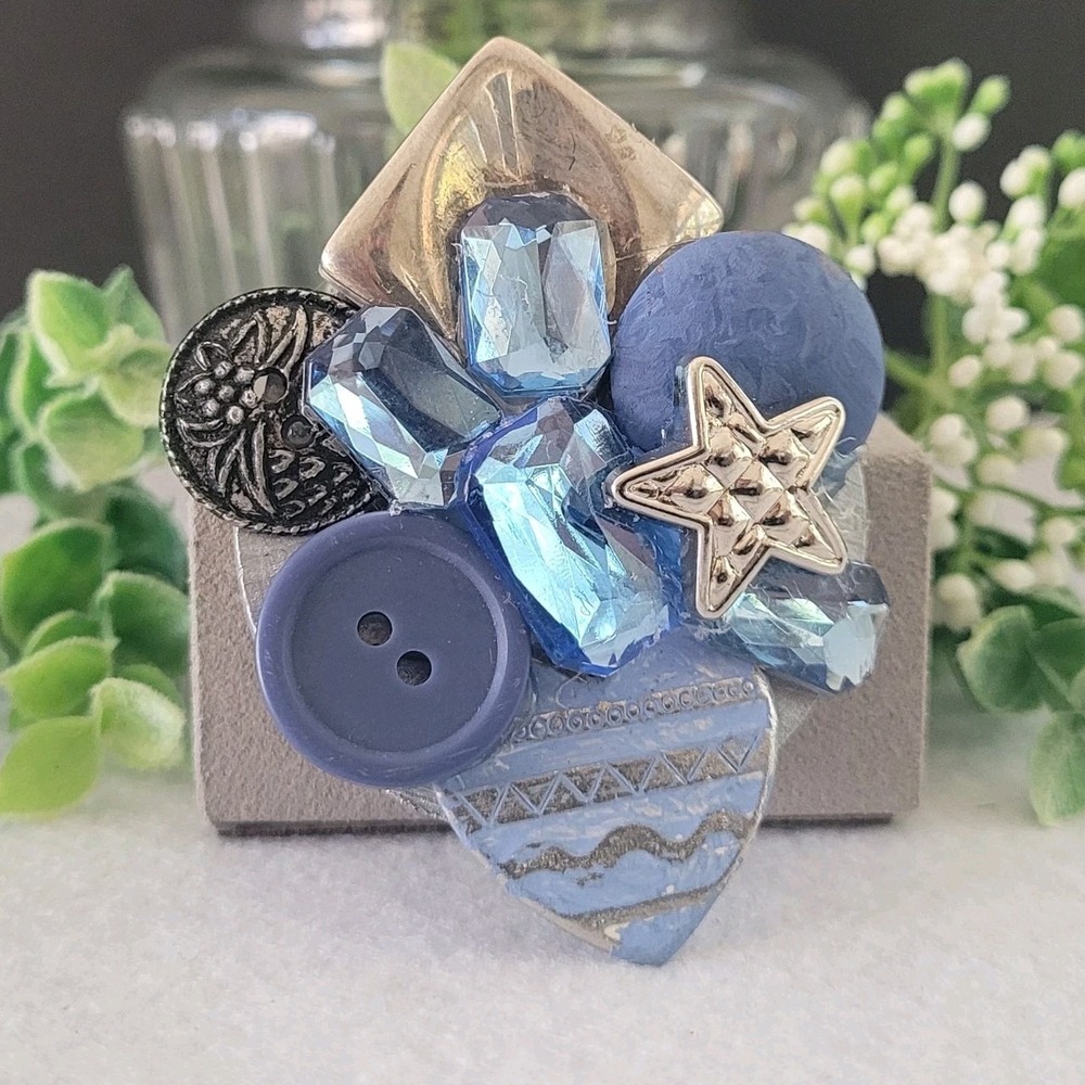 Artisan Blue Assemblage Brooch Rhinestone Button Star Wearable Art